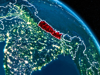 Satellite view of Nepal at night