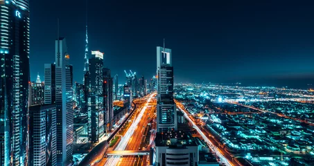 Fotobehang Dubai Dubai Stadsgezicht Nacht Lange Blootstelling