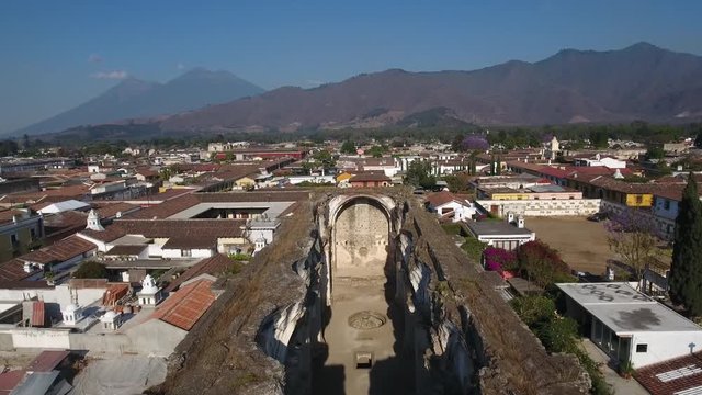 A rising aerial of the Colegio de San Lucas of the Society Of Jesus church in Antigua, Guatemala, destroyed by earthquakes.