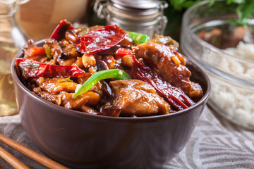Homemade Kung Pao chicken with peppers and vegetables
