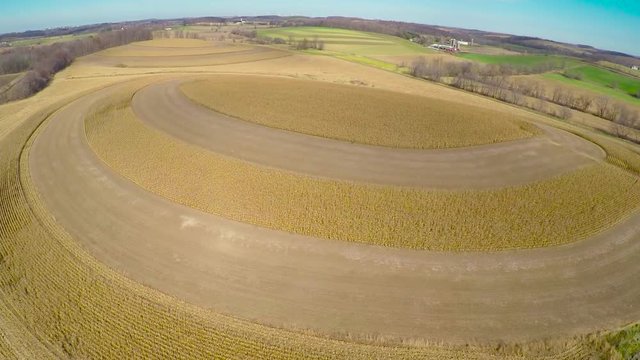 Aerial over drumlin crop circles in rural Wisconsin.