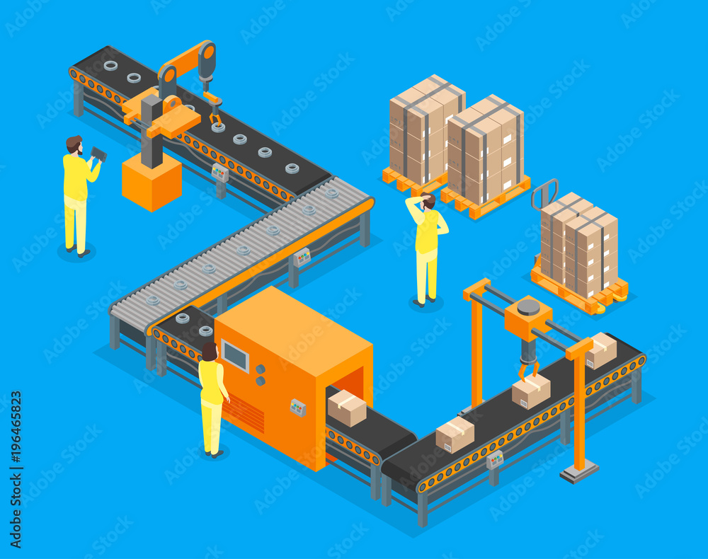 Poster automated factory 3d isometric view. vector