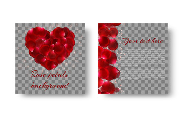 Romantic background with red rose petals in the shape of a heart for congratulations on Valentine's Day or Mother's Day.