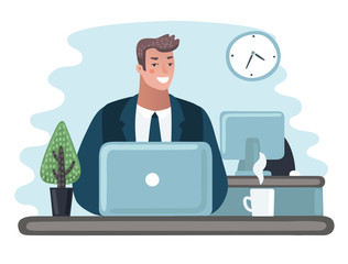 Business man entrepreneur in a suit working on a laptop computer at his clean and sleek office desk.