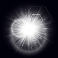 Explosion of a star with shiny particles and bright rays on a black background