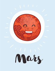 Cartoon Mars with sword, planet, vector character, Solar system.