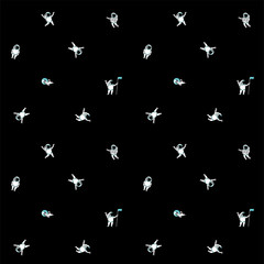 Fototapeta premium Cute funny cosmonaut astronaut spaceman characters exploring outer space with dog seamless abstract background cartoon pattern for wallpaper, textile, prints. Flat line design. Vector illustration.