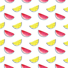 Seamless Tropical pattern of watermelon. Hand drawn watercolor background