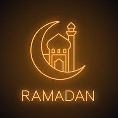 Mosque with ramadan moon neon light icon