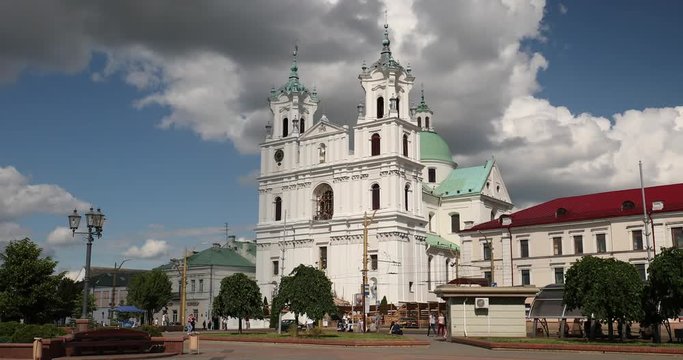 Grodno, Belarus. Famous Landmark Is St. Francis Xavier Cathedral At Sunny Summer Day. Zoom, Zoom In