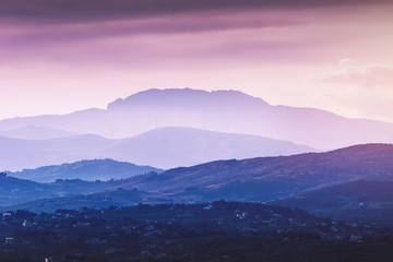 Picturesque European village in the mountains at sunset