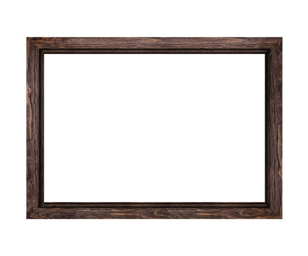 narrow dark brown wooden frame for pictures and photos isolated on white background