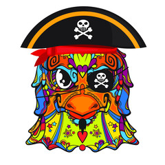 Pirate face of bird, ornament line art style, vector illustration isolated on white background