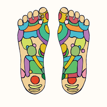 Foot reflexology scheme with colorful zones, hand drawn doodle, sketch in pop art style, color medical vector illustration