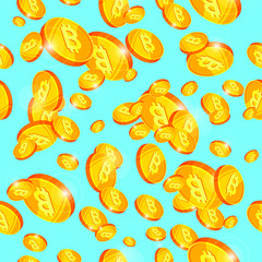 Repeat pattern with many bitcoins on blue sky background, vector cartoon flat illustration