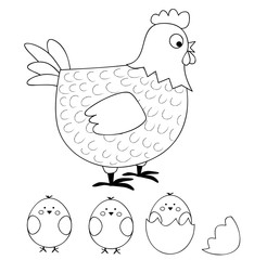 spring coloring page for children - vectors illustration with a hen and cute chicks and egg shells 