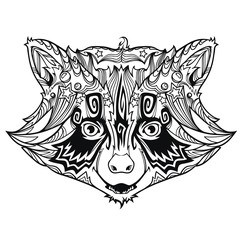Face of cute and funny original face of raccoon in line art style, vector black and white version illustration isolated on white background