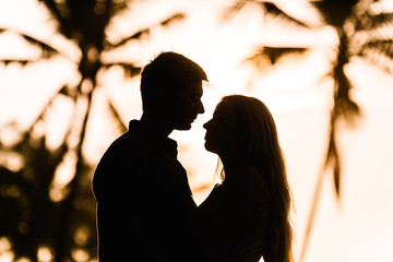 Silhouettes of beautiful couple on sunset. Sri Lanka