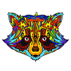Colorful ornament line art face of raccoon, vector illustration isolated on white background