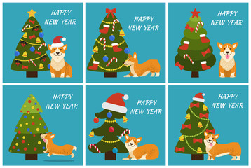 Naklejka premium Happy New Year Tree and Dog Vector Illustration