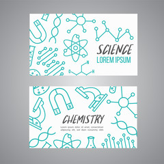 Science, chemistry cards set. Research outline icon. Tiny line vector elements. Laboratory and education brochure.