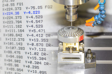 The abstract scene of CNC milling machine cutting precision mold part and G-code data.