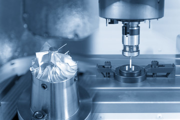 The abstract scene of CMM machine calibration with the ring gauge and the turbine parts.Precision...
