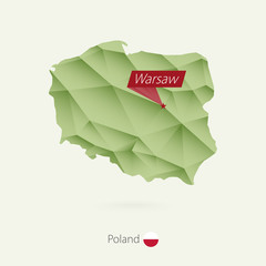 Naklejka premium Green gradient low poly map of Poland with capital Warsaw