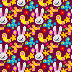 Easter rabbit character bunny seamless pattern background vector cute happy animal illustration decorative ornament nature flora decoration..