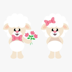 cartoon cute sheep girl with bow and sheep boy with flowers
