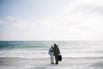 rear view of young couple hugging and standing on winter sea shore