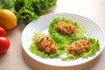 Kisir, bulgur wheat salad, turkish cuisine, vegetarian food.
