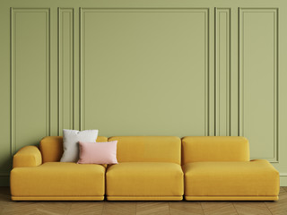 Modern Scandinavian Design sofa in interior. Walls with moldings,floor parquet herringbone.Copy space,mockup interior.Digital illustration.3d rendering
