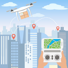 Vector illustration of hands launching delivery drone with package by smartphone in front of the skyline of a big modern city with skyscrapers in flat cartoon style.