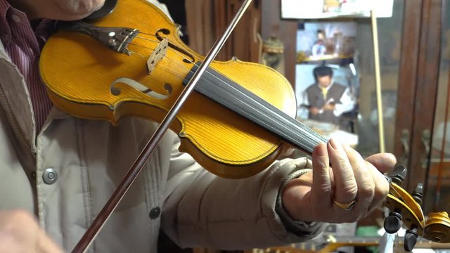 Lutist grants violin in his laboratory, classic music