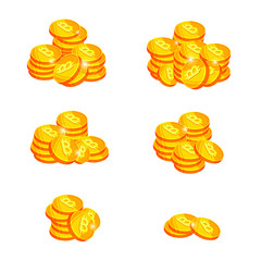 Set of many coin of bitcoin, gold money, vector illustration isolated on white background