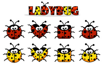Set artoon red and yellow different shapes Ladybug. Animals and insects