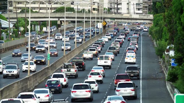 Morning eastbound traffic on the H-1 Freeway in Honolulu, Hawaii