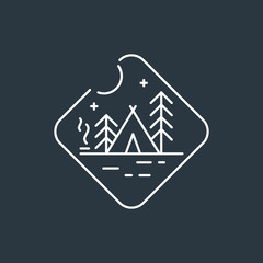 Camping badge logo. Night camping badge. Native american teepee tent, pine trees and camp fire with smoke. Dark background with white linear badge. © ikonstudio