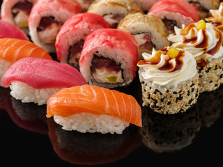 Sushi Set nigiri and sushi rolls closeup