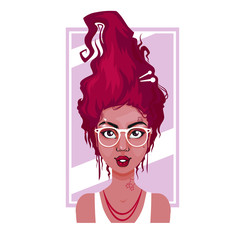 Beautiful and cute face of girl, woman with eyeglasses, piercing, tattoos and strange hairstyle, vector cartoon illustration isolated on white background with abstract mirror on back