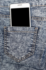 Close Up Bussines Fashion Stylish Smart Phone Screen Copy Space White Mobile in Black Jeans Back Pocket Denim Hipster