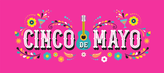 Cinco de Mayo - May 5, federal holiday in Mexico. Fiesta banner and poster design with flags