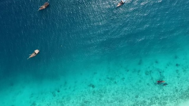 Plenty of boats near ocean shore at noon on a sunny day, Zanzibar, aerial