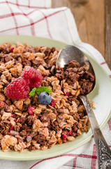 Granola in a bowl wooden background