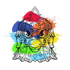 Ornament face of bird with paint on back, line art vector illustration isolated on white background