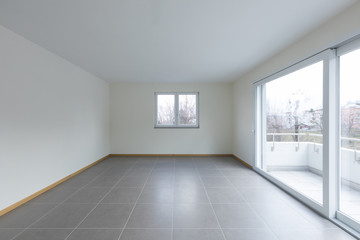 Empty room with large window on the balcony, empty space