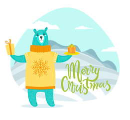 Merry Christmas Greeting Card with Bear in Sweater