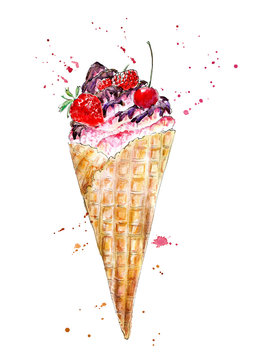 Chocolate ice cream of a strawberries, cherries and raspberries.Picture of a dessert.Watercolor hand drawn illustration.Isolated sketch.White background.