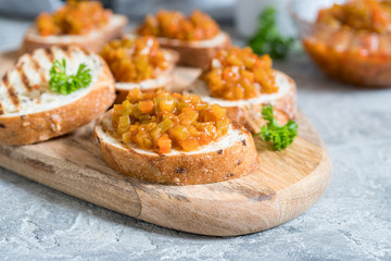 Toasted bread with vegetable caviar, made of squash, pumpkin, tomato, carrot